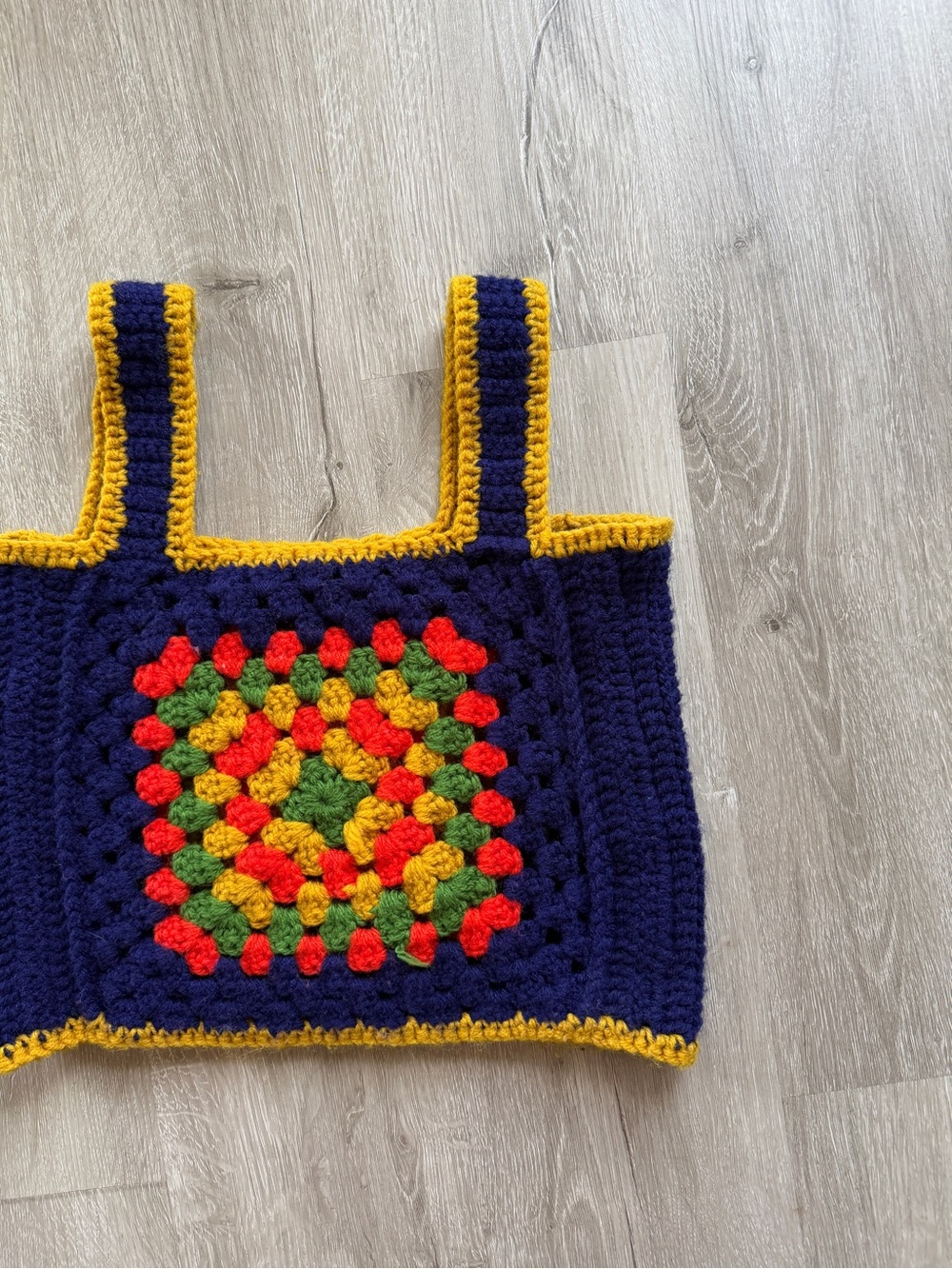 Handmade Navy Crochet Tank Top with Multicolor Granny Square XS